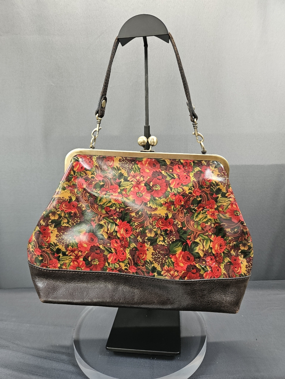 PATRICIA NASH KISS LOCK LARGE LEATHER LAUREANA SATCHEL FLORAL BRASS HARDWARE